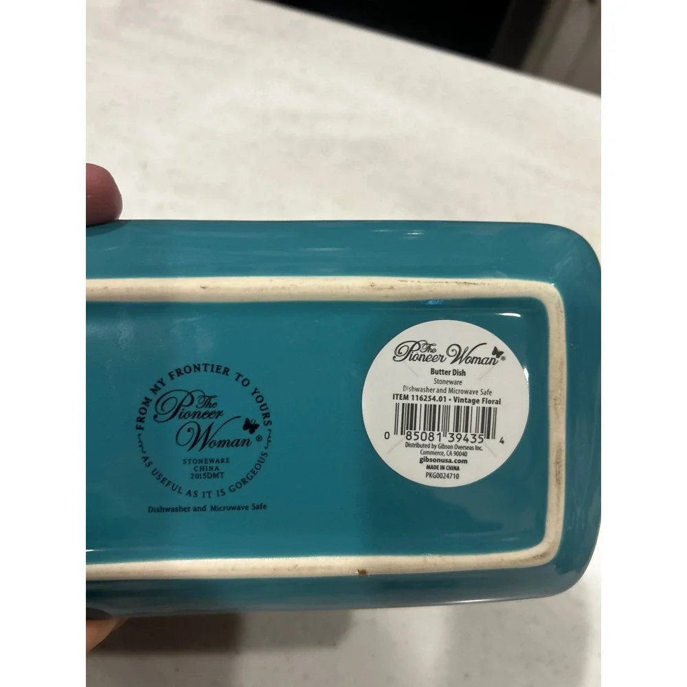 The Pioneer Woman Vintage Floral Butter Dish Stoneware Teal Red Cream PRECIOUS